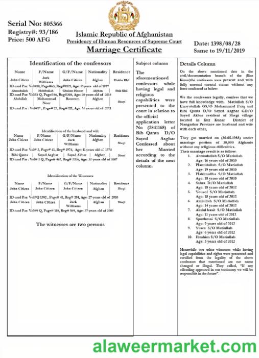 AFGHANISTAN marriage certificate